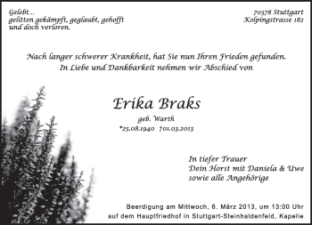 Traueranzeige von Erika Braks von Eßlinger Zeitung/Cannstatter Zeitung
