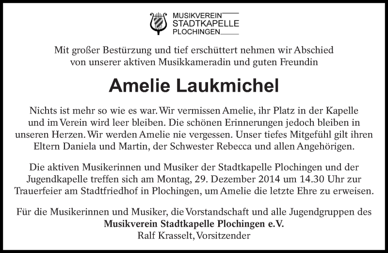  Traueranzeige für Amelie Laukmichel vom 24.12.2014 aus Eßlinger Zeitung/Cannstatter Zeitung
