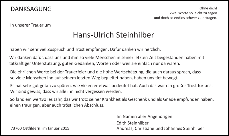  Traueranzeige für Hans-Ulrich Steinhilber vom 08.01.2015 aus Eßlinger Zeitung/Cannstatter Zeitung
