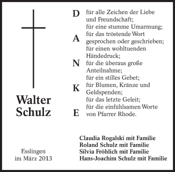 Traueranzeige von Walter Schulz von Eßlinger Zeitung/Cannstatter Zeitung