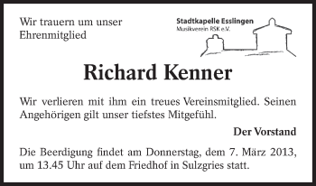 Traueranzeige von Richard Kenner von Eßlinger Zeitung/Cannstatter Zeitung