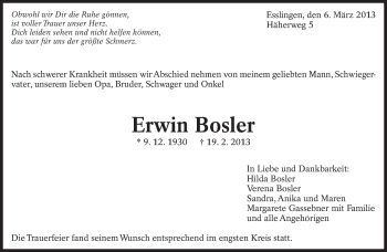 Traueranzeige von Erwin Bosler von Eßlinger Zeitung/Cannstatter Zeitung
