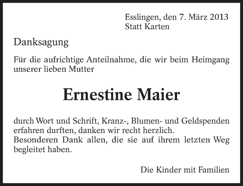  Traueranzeige für Ernestine Maier vom 07.03.2013 aus Eßlinger Zeitung/Cannstatter Zeitung