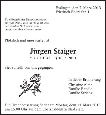 Traueranzeige von Jürgen Staiger von Eßlinger Zeitung/Cannstatter Zeitung