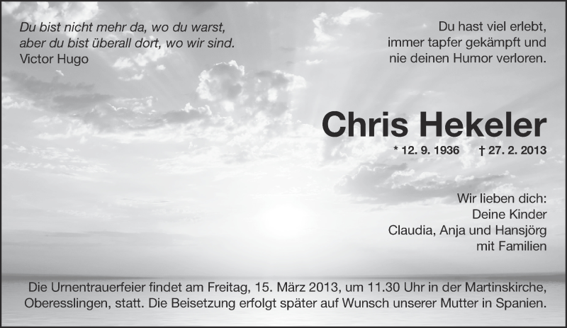  Traueranzeige für Chris Hekeler vom 09.03.2013 aus Eßlinger Zeitung/Cannstatter Zeitung