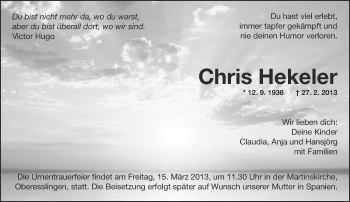 Traueranzeige von Chris Hekeler von Eßlinger Zeitung/Cannstatter Zeitung
