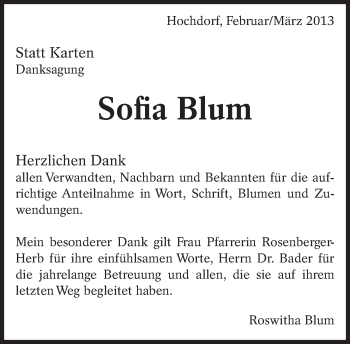 Traueranzeige von Sofia Blum von Eßlinger Zeitung/Cannstatter Zeitung