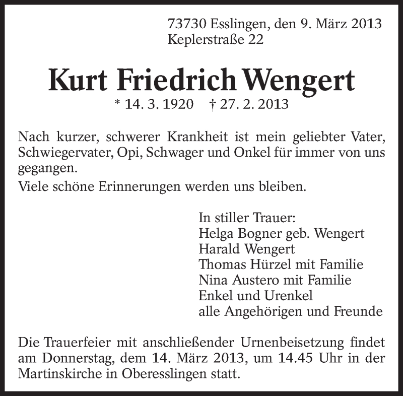  Traueranzeige für Kurt Friedrich Wengert vom 09.03.2013 aus Eßlinger Zeitung/Cannstatter Zeitung