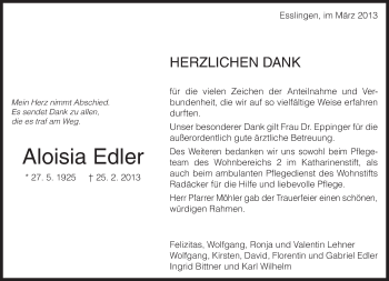 Traueranzeige von Aloisia Edler von Eßlinger Zeitung/Cannstatter Zeitung