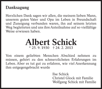 Traueranzeige von Albert Schick von Eßlinger Zeitung/Cannstatter Zeitung