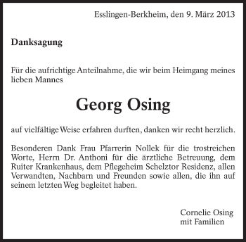 Traueranzeige von Georg Osing von Eßlinger Zeitung/Cannstatter Zeitung