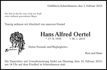 Traueranzeige von Hans Alfred Oertel von Eßlinger Zeitung/Cannstatter Zeitung