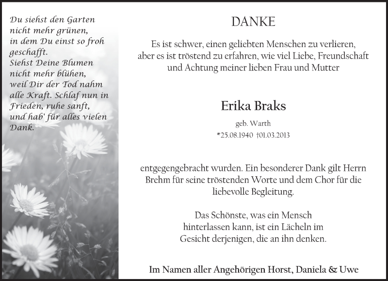  Traueranzeige für Erika Braks vom 13.03.2013 aus Eßlinger Zeitung/Cannstatter Zeitung