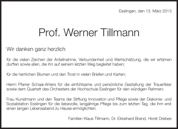Traueranzeige von Werner Tillmann von Eßlinger Zeitung/Cannstatter Zeitung