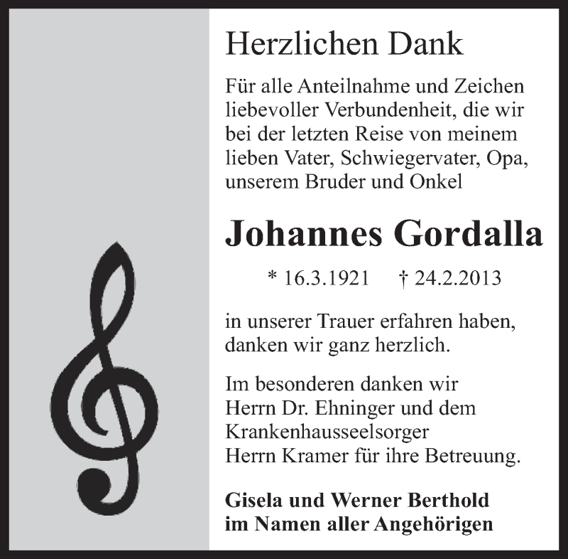  Traueranzeige für Johannes Gordalla vom 13.03.2013 aus Eßlinger Zeitung/Cannstatter Zeitung
