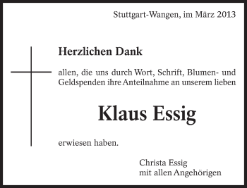 Traueranzeige von Klaus Essig von Eßlinger Zeitung/Cannstatter Zeitung