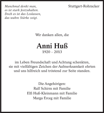 Traueranzeige von Anni Huß von Eßlinger Zeitung/Cannstatter Zeitung