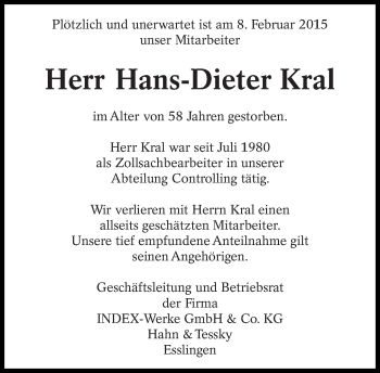 Traueranzeige von Hans-Dieter Kral von Eßlinger Zeitung/Cannstatter Zeitung