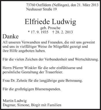 Traueranzeige von Elfriede Ludwig von Eßlinger Zeitung/Cannstatter Zeitung