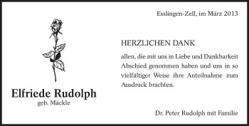 Traueranzeige von Elfriede Rudolph von Eßlinger Zeitung/Cannstatter Zeitung