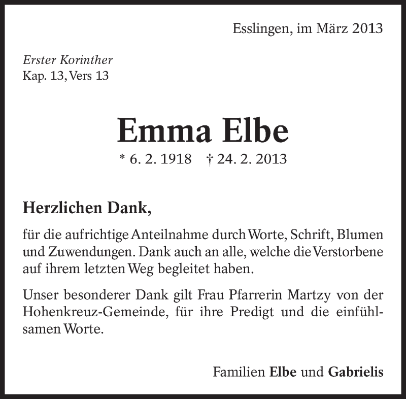  Traueranzeige für Emma Elbe vom 16.03.2013 aus Eßlinger Zeitung/Cannstatter Zeitung