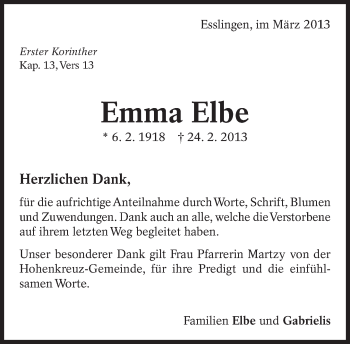Traueranzeige von Emma Elbe von Eßlinger Zeitung/Cannstatter Zeitung