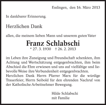 Traueranzeige von Franz Schlabschi von Eßlinger Zeitung/Cannstatter Zeitung