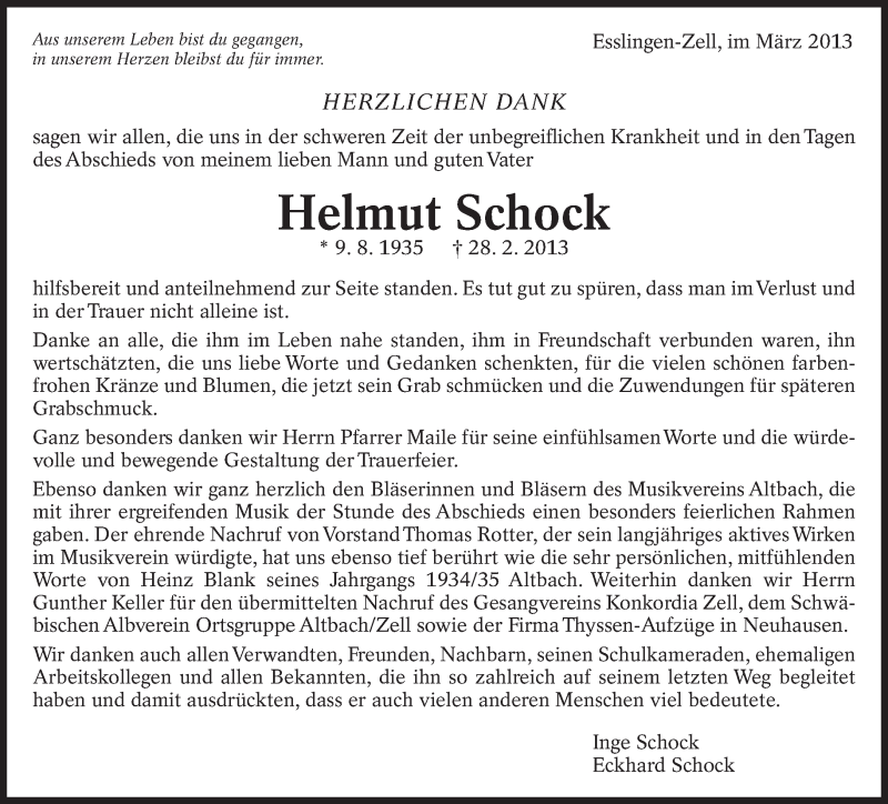  Traueranzeige für Helmut Schock vom 16.03.2013 aus Eßlinger Zeitung/Cannstatter Zeitung