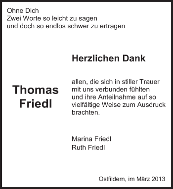 Traueranzeige von Thomas Friedl von Eßlinger Zeitung/Cannstatter Zeitung