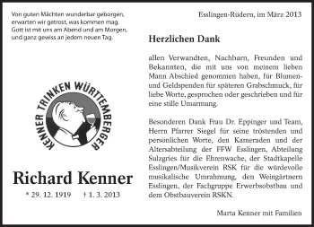 Traueranzeige von Richard Kenner von Eßlinger Zeitung/Cannstatter Zeitung