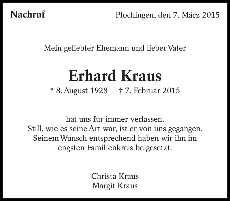  Traueranzeige für Erhard Kraus vom 07.03.2015 aus Eßlinger Zeitung/Cannstatter Zeitung