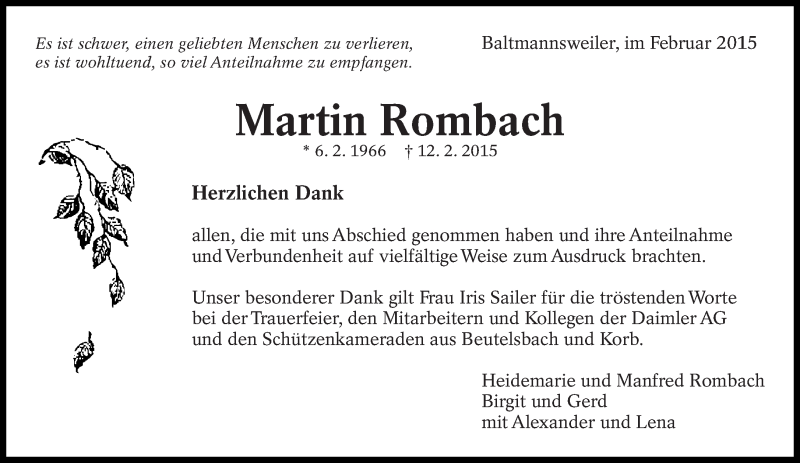  Traueranzeige für Martin Rombach vom 28.02.2015 aus Eßlinger Zeitung/Cannstatter Zeitung