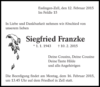 Traueranzeige von Siegfried Franzke von Eßlinger Zeitung/Cannstatter Zeitung