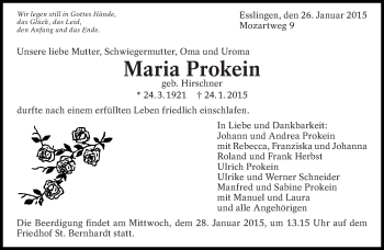 Traueranzeige von Maria Prokein von Eßlinger Zeitung/Cannstatter Zeitung