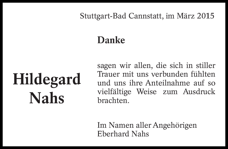  Traueranzeige für Hildegard Nahs vom 07.03.2015 aus Eßlinger Zeitung/Cannstatter Zeitung