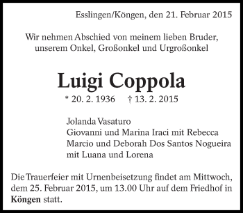 Traueranzeige von Luigi Coppola von Eßlinger Zeitung/Cannstatter Zeitung