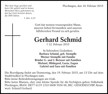 Traueranzeige von Gerhard Schmid von Eßlinger Zeitung/Cannstatter Zeitung