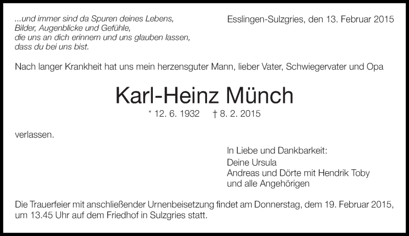  Traueranzeige für Karl-Heinz Münch vom 13.02.2015 aus Eßlinger Zeitung/Cannstatter Zeitung