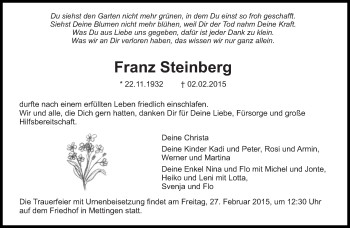 Traueranzeige von Franz Steinberg von Eßlinger Zeitung/Cannstatter Zeitung