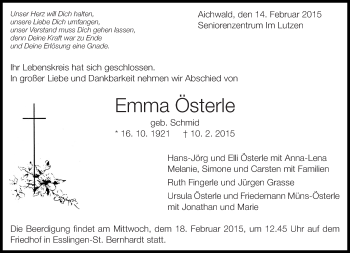 Traueranzeige von Emma Österle von Eßlinger Zeitung/Cannstatter Zeitung