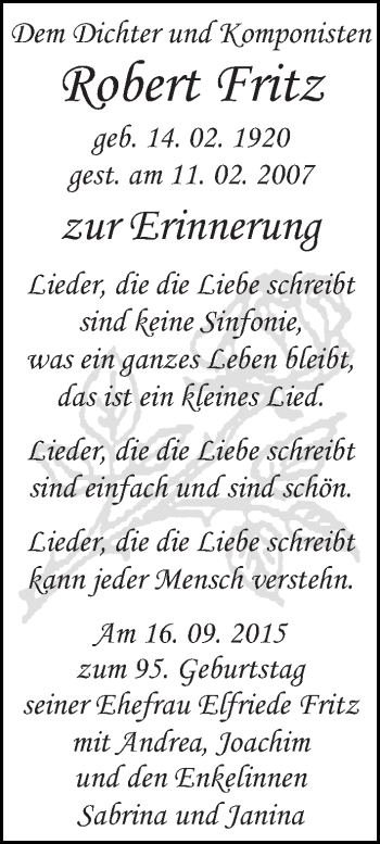 Traueranzeige von Robert Fritz von Eßlinger Zeitung/Cannstatter Zeitung