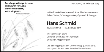 Traueranzeige von Hans Schmid von Eßlinger Zeitung/Cannstatter Zeitung