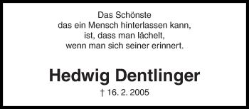 Traueranzeige von Hedwig Dentlinger von Eßlinger Zeitung/Cannstatter Zeitung