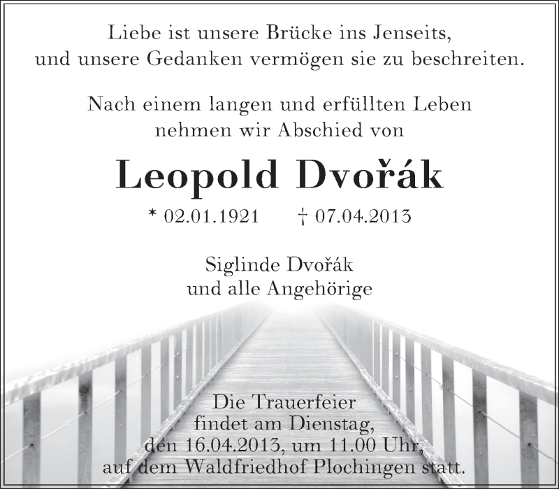  Traueranzeige für Leopold Dvorák vom 11.04.2013 aus Eßlinger Zeitung/Cannstatter Zeitung