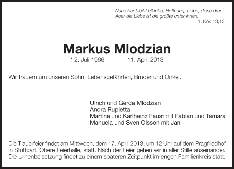  Traueranzeige für Markus Mlodzian vom 13.04.2013 aus Eßlinger Zeitung/Cannstatter Zeitung