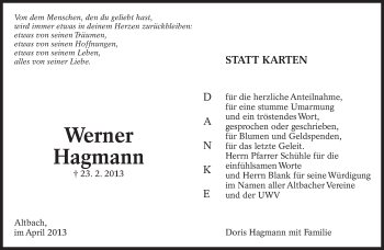 Traueranzeige von Werner Hagmann von Eßlinger Zeitung/Cannstatter Zeitung