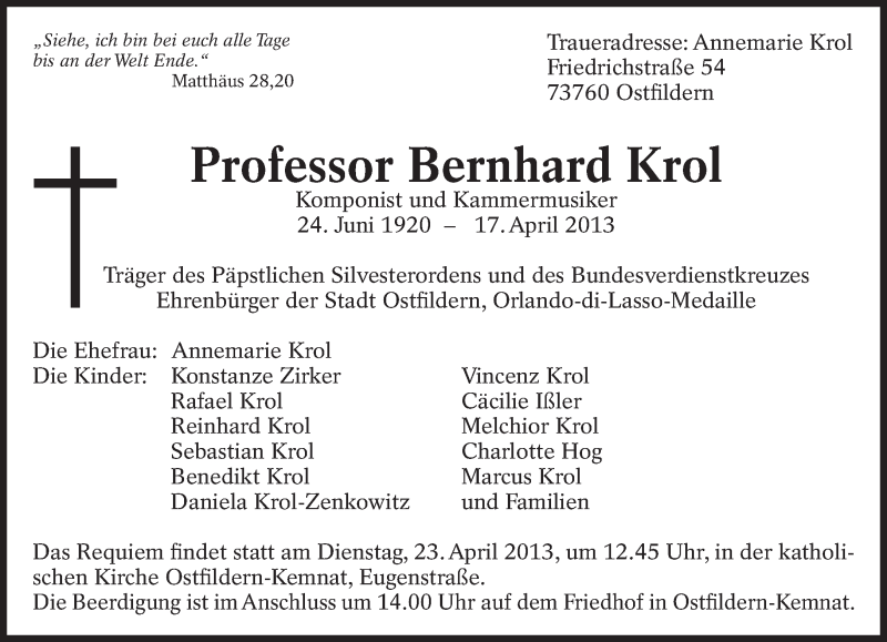  Traueranzeige für Bernhard Krol vom 19.04.2013 aus Eßlinger Zeitung/Cannstatter Zeitung