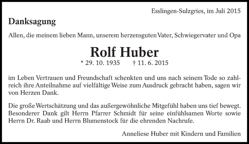  Traueranzeige für Rolf Huber vom 16.07.2015 aus Eßlinger Zeitung/Cannstatter Zeitung