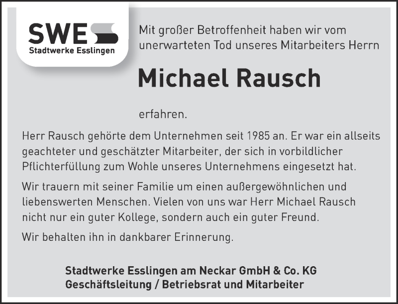  Traueranzeige für Michael Rausch vom 27.04.2013 aus Eßlinger Zeitung/Cannstatter Zeitung