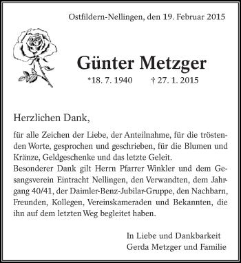 Traueranzeige von Günter Metzger von Eßlinger Zeitung/Cannstatter Zeitung